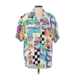 VTG Halle Postcard Print Silk Rainbow Print Vacation Tropical Button Down Shirt